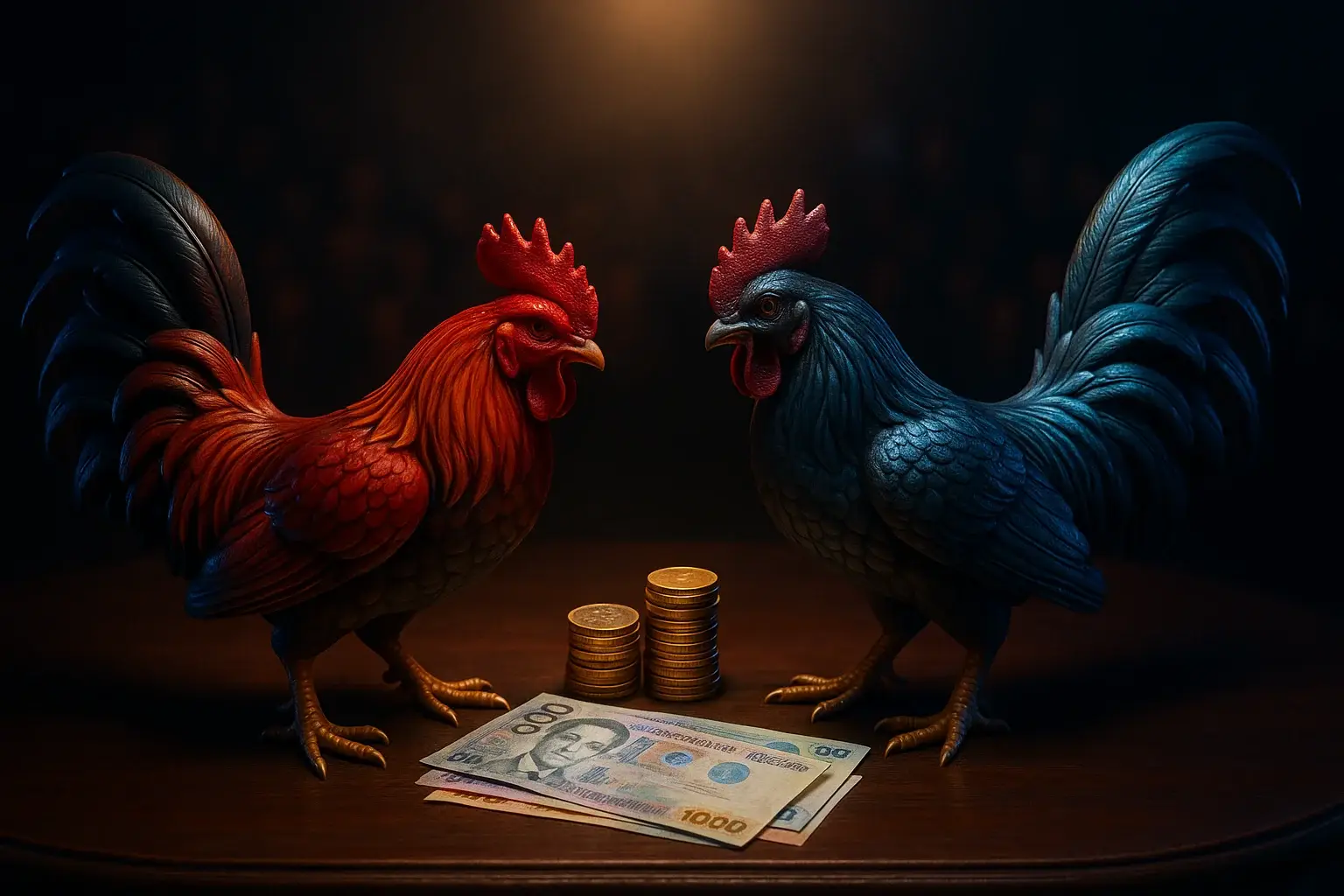 Red and blue rooster figurines facing off with peso notes and coins